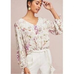Anthropologie Mauve Floral V-Neck Blouse